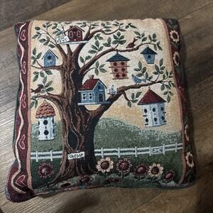 Tapestry Birds & Birdhouses Throw Pillow VTG Vintage Double Sided